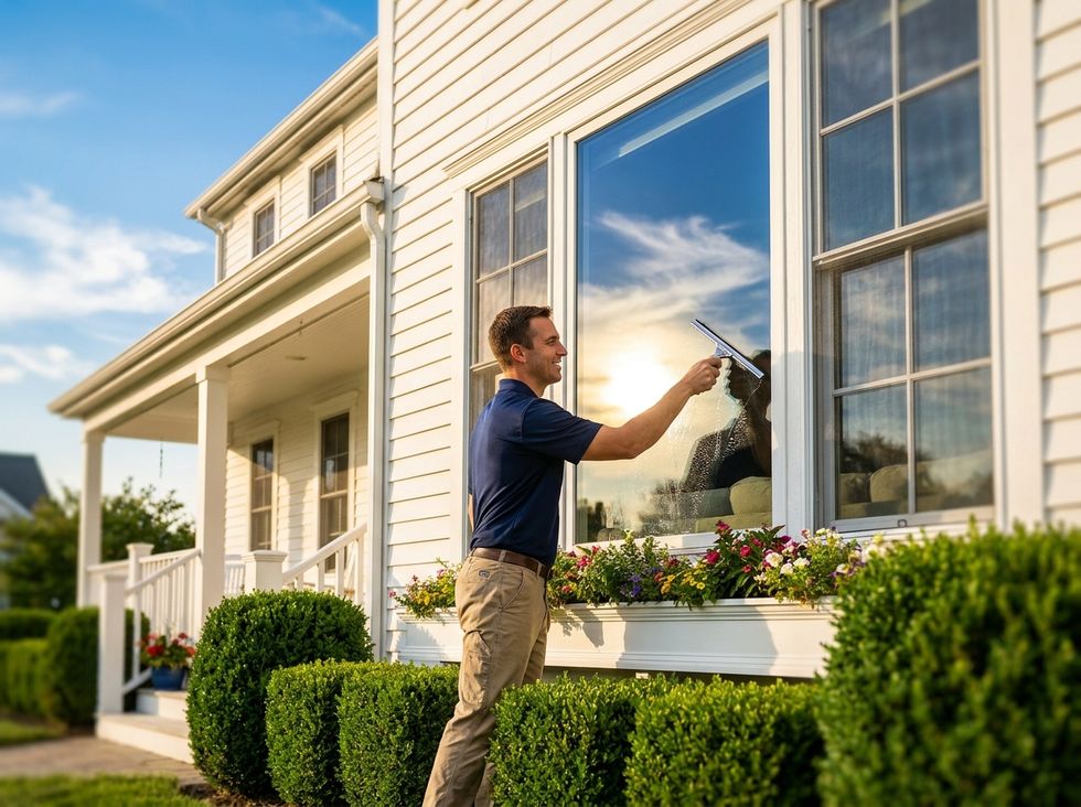 Professional window cleaner working on a residential home in Rochester NY