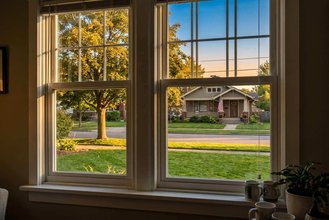 Crystal clear view through a freshly cleaned home window in Rochester NY
